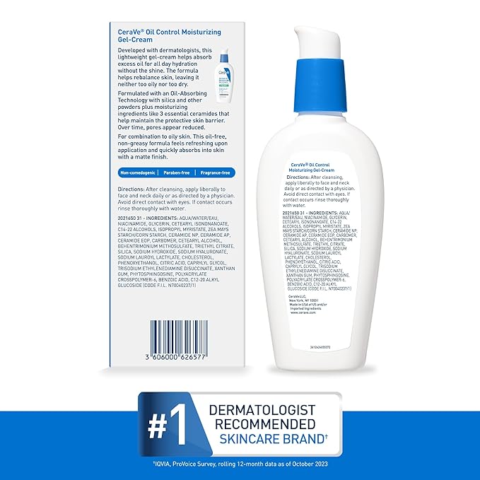 CeraVe Oil Control Moisturizing Gel-Cream, Face Moisturizer for Oily Skin, Niacinamide, Hyaluronic Acid & Oil Absorbing Technology To Rebalance Oily Skin, Non-Comedogenic, Fragrance Free & Oil-Free-FemmiqueWomen