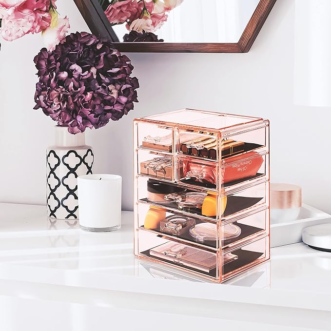 Sorbus Acrylic Makeup Organizer - Organization and Storage Case for Cosmetics Make Up & Jewelry - Big Clear Makeup Organizer for Vanity, Bathroom, College Dorm, Closet, Desk (3 Large, 4 Small Drawers)-FemmiqueWomen