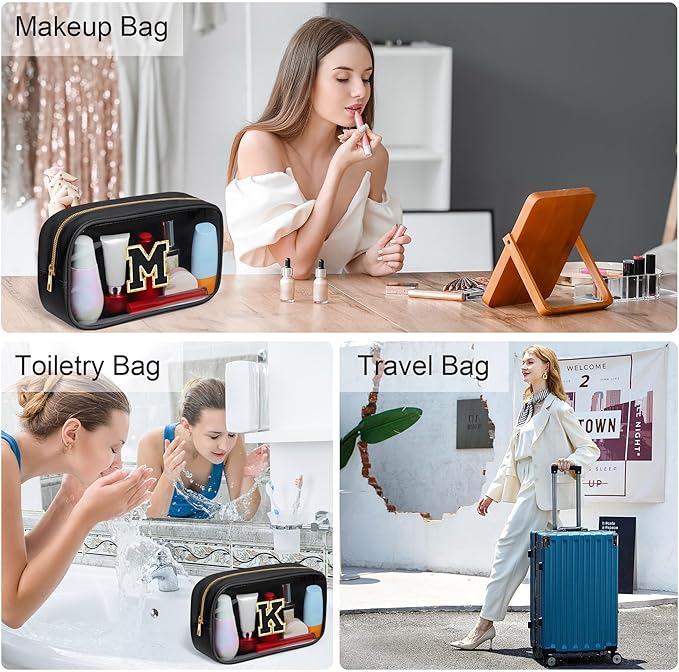 YOOLIFE Initial Make Up Bag Travel Toiletry Bag for Women, Clear Makeup Bag Organizer Cosmetic Bags Travel Essentials Gifts for Women Teen Girlfriend Teacher Mom Birthday Mothers Day Gifts Black I-FemmiqueWomen
