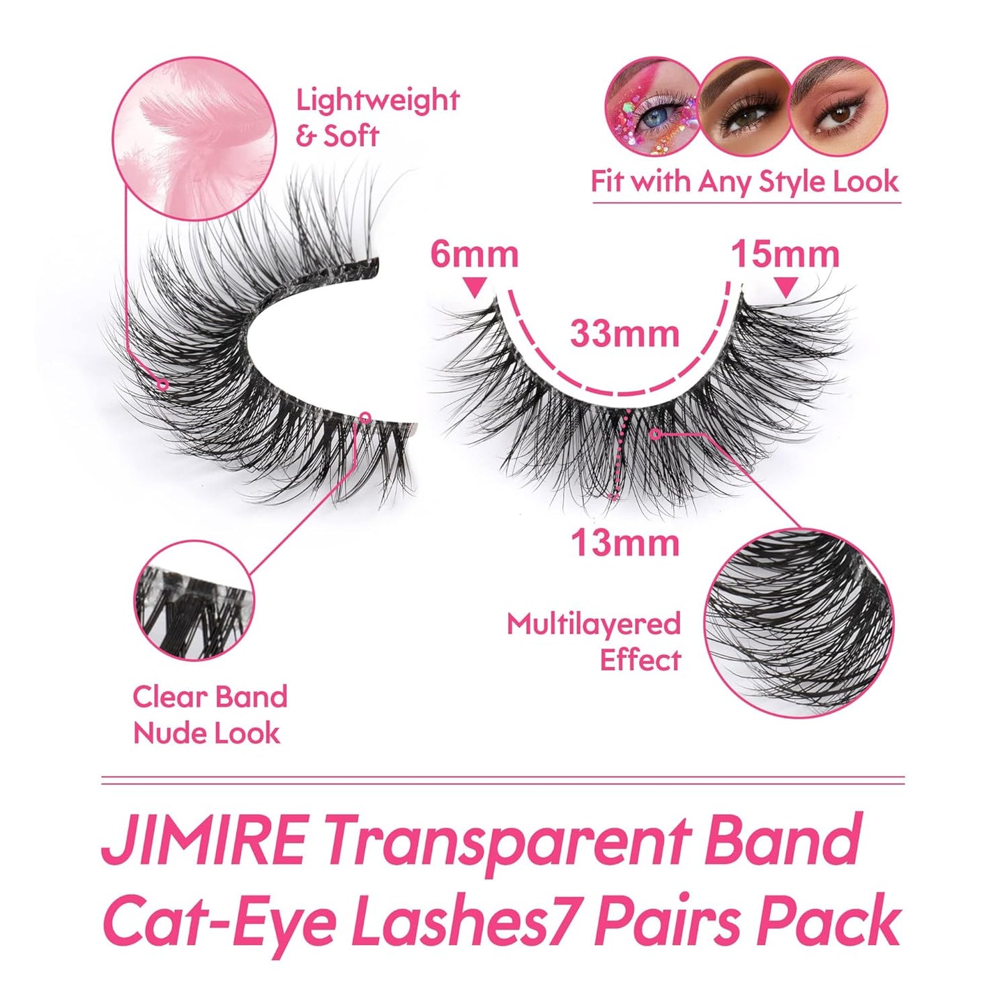 JIMIRE False Eyelashes with Clear Band 3D Fluffy Lashes Demi-wispies Natural Look Cat Eye Faux Mink Fluttery Eyelashes 15MM D Curl Eye Lashes Pack 7 Pairs-FemmiqueWomen