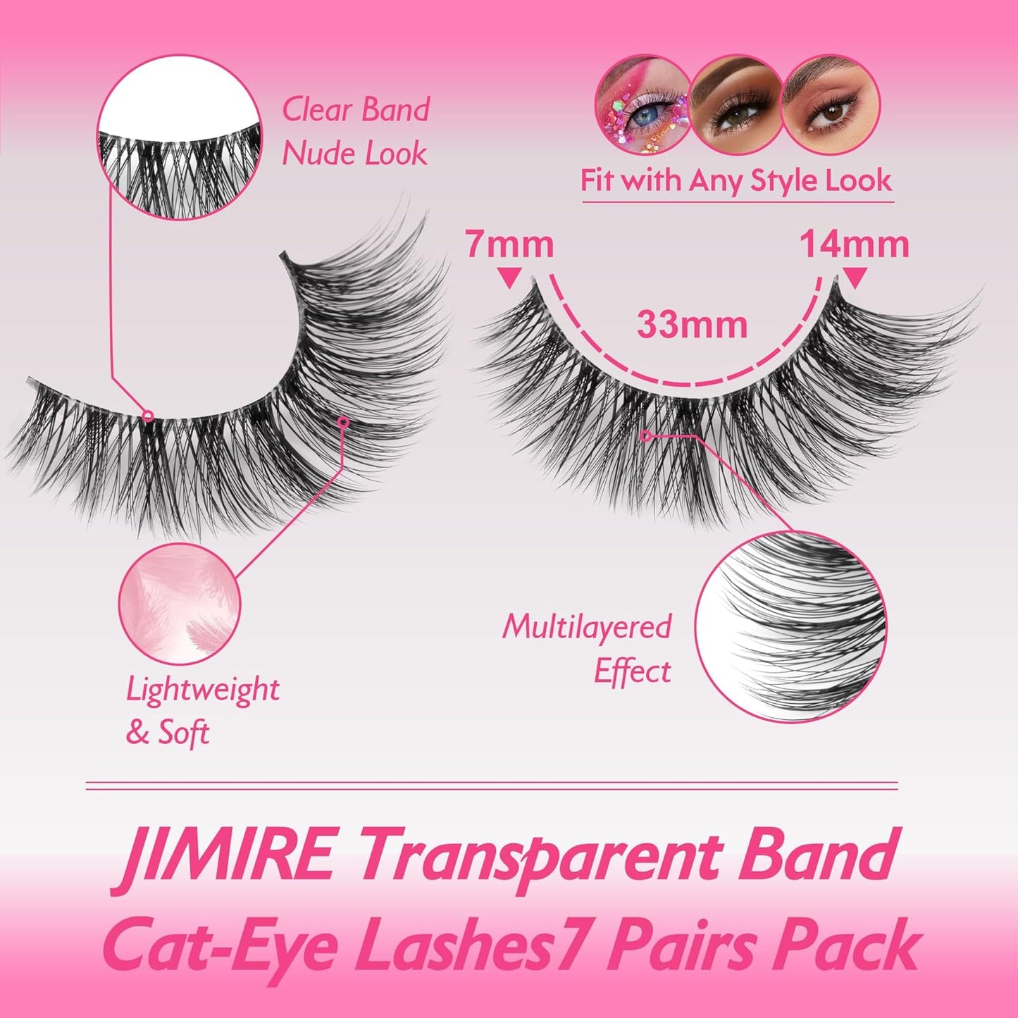 JIMIRE Lashes with Clear Band Demi-Wispies Fluffy Faux Mink Eyelashes Wispy Cat-Eye False Eyelashes Natural Look 7 Pairs Pack-FemmiqueWomen