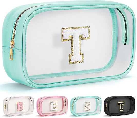 YOOLIFE Initial Make Up Bag Travel Toiletry Bag, Clear Makeup Bag Preppy Cosmetic Bags Organizer Travel Essentials Gifts for Women Teen Girlfriend Teacher Mom Birthday 12 Year Old Girl Gifts Blue T-FemmiqueWomen
