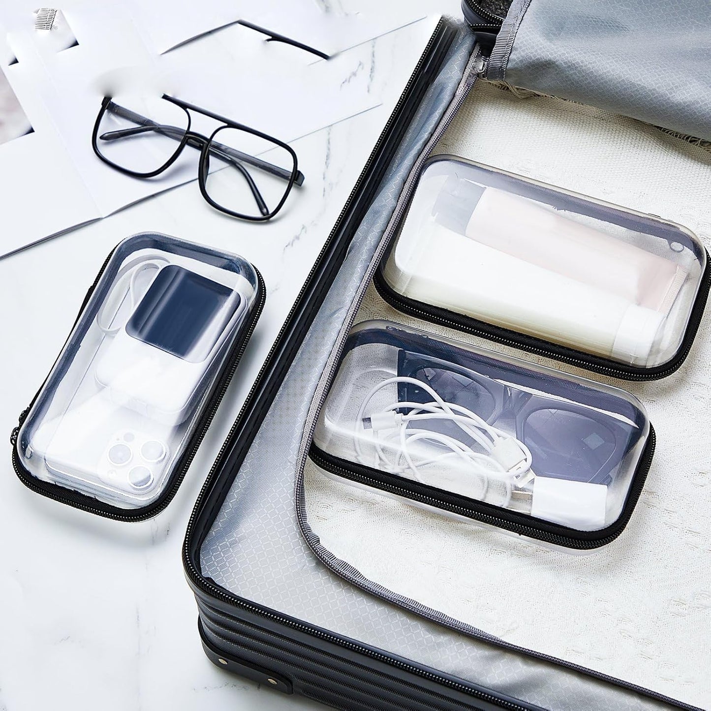 Hoolerry 3 Pcs Clear Hard Zipper Case Plastic Pouch Transparent Hard Case Clear Makeup Bag Portable Travel Organizer Bin for Cosmetics, Building Blocks, Puzzles(Black,S)-FemmiqueWomen