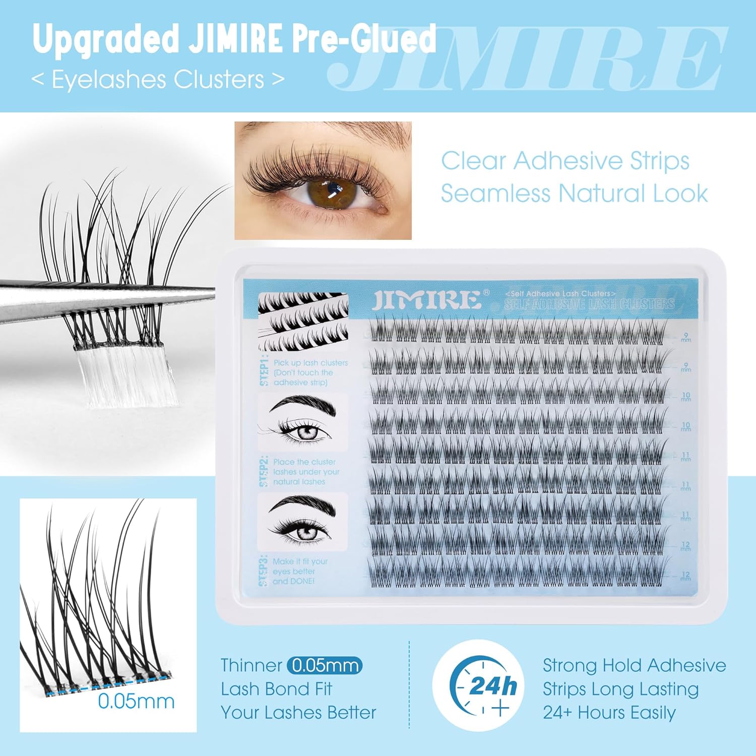 JIMIRE Natural Self Adhesive Eyelashes Wispy Pre Glued Lash Clusters No Glue Needed Press on Lashes Reusable Self Adhesive Lash Clusters Easy to Apply 9-12MM 108Pcs Pack-FemmiqueWomen