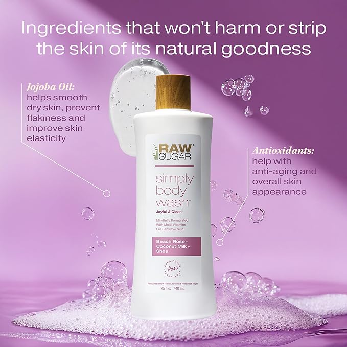 RAW SUGAR Simply Body Wash, Beach Rose + Coconut Milk + Shea (25 Fl Oz, Pack of 1) Sensitive Skin Bath Soap, Formulated without Sulfates & Parabens-FemmiqueWomen