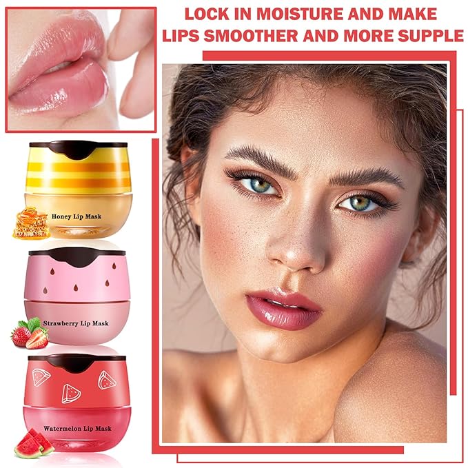 3PCS Bee Lip Balm Honey Pot Honey Strawberry Watermelon Lip Balm Sleeping Lip Mask Silky Hydrating Bee Lip Balm Honey Lip Mask Overnight Lip Care Products(Honey+Strawberry+Watermelon)-FemmiqueWomen