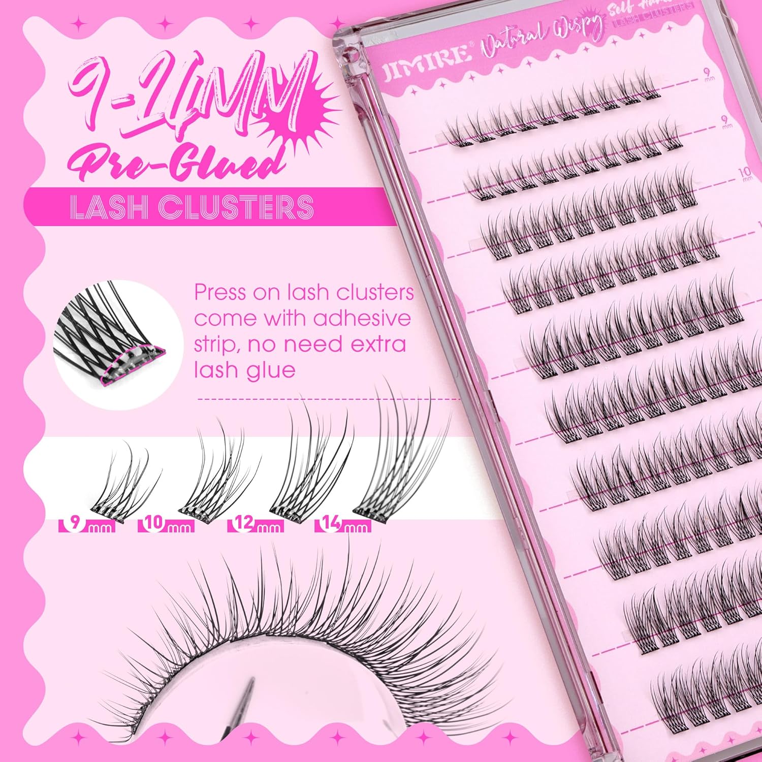 JIMIRE Self Adhesive Eyelashes Natural Look 9-14MM Wispy Pre Glued Lash Clusters No Glue Needed Press on Lashes Clusters Reusable Self Adhesive Eyelash Clusters Easy to Apply-FemmiqueWomen