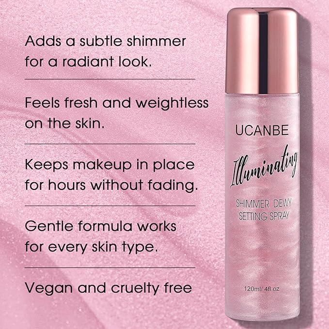 UCANBE Shimmer Dewy Setting Spray – Glowing + Makeup Setting Spray 2 in 1 Lightweight Formula for a Radiant Glow,Long-Lasting Face Mist for Face Body, 4 Fl Oz #Bubblegum-FemmiqueWomen