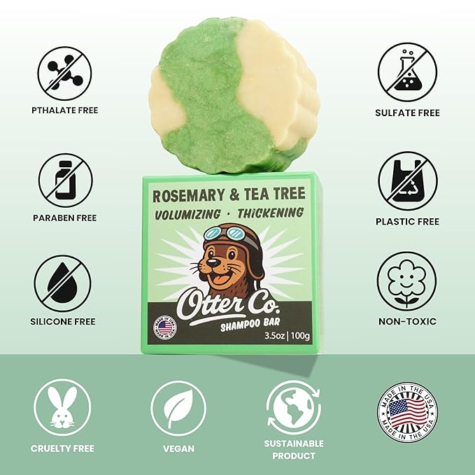Otter co. Tea Tree and Rosemary Volumizing and Thickening Shampoo Bar - Olive Oil, Green Tea, Nettle, Zinc – Vegan, Sulfate Free & Non Toxic – Women and Mens Shampoo, All Hair Types, Made in USA-FemmiqueWomen