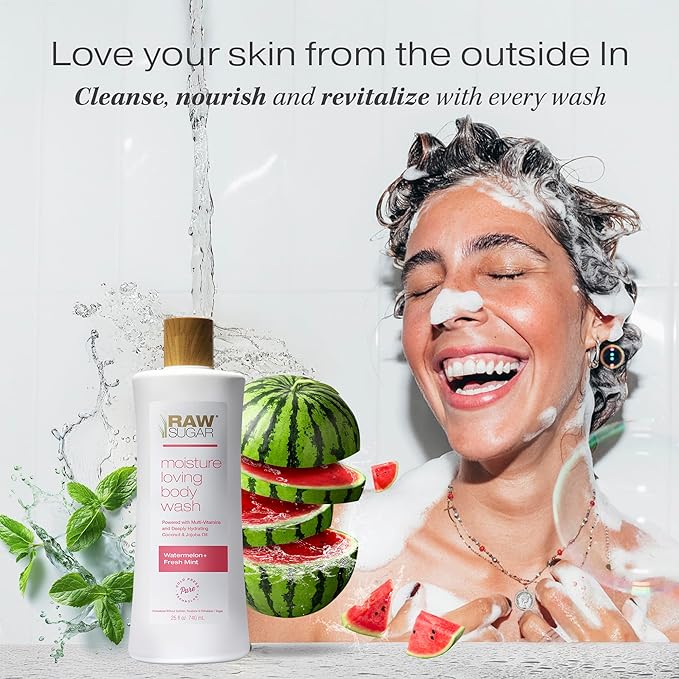 RAW SUGAR Simply Body Wash, (25 Fl Oz, Pack of 1) Bath Soap, Formulated without Sulfates & Parabens (Watermelon + Fresh Mint)-FemmiqueWomen