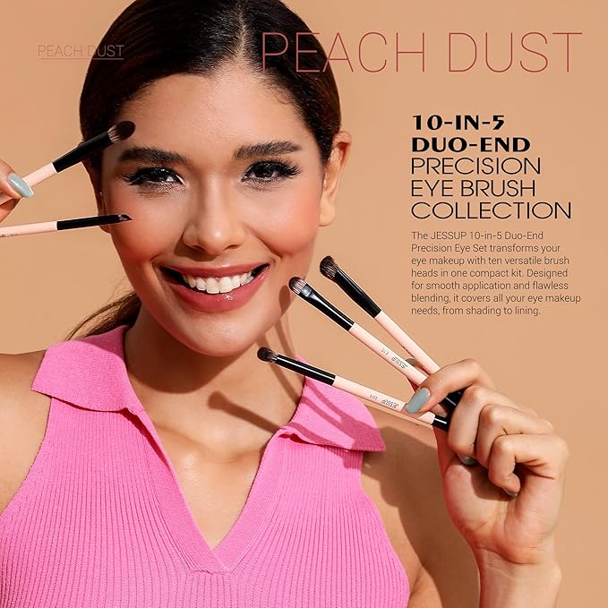 Jessup Makeup Brushes 5pcs Double Ended Eyeshadow Brush Contour Blending Eyeliner Eye Shader Brush, Vegan Fiber Precision Eye Brush Set Peach Dust T509-FemmiqueWomen