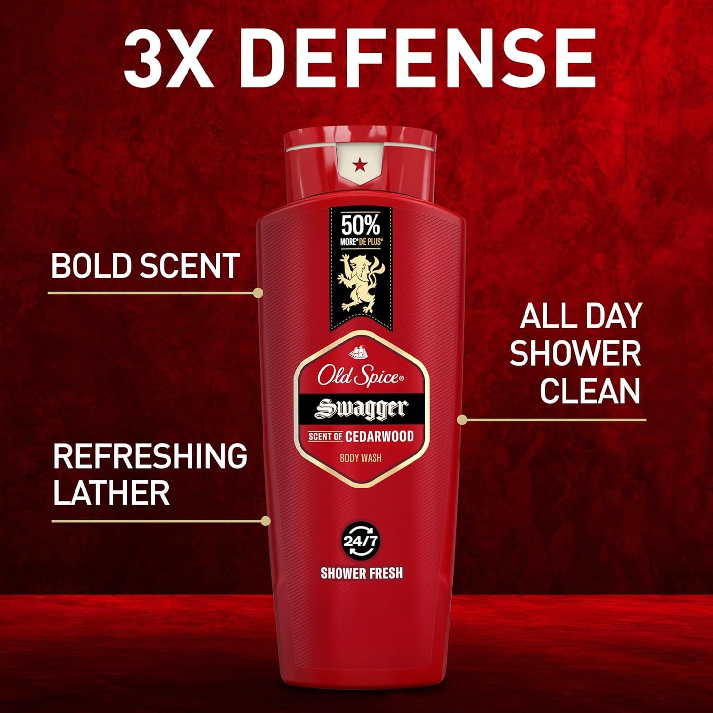 Old Spice Refreshing Body Wash for Men, 3X Defense, 24/7 Shower Fresh with Long Lasting Scent, Red Collection, Swagger with Cedarwood Scent, 24 oz (Pack of 4)-FemmiqueWomen