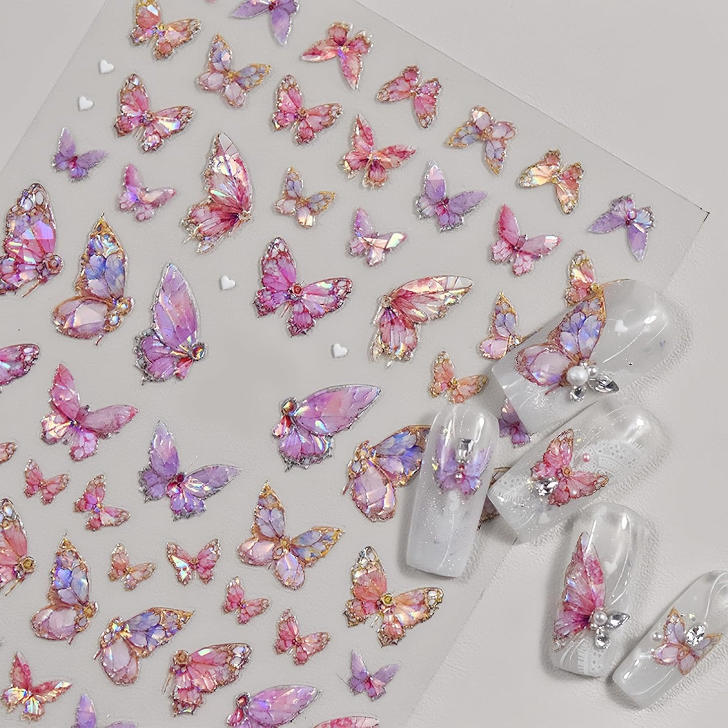 2 Sheets Butterfly Nail Art Stickers 5D Embossed Self-Adhesive Pink Aurora Sparkling Butterfly Nail Decals Designs for Women Girls DIY Nail Decoration-FemmiqueWomen