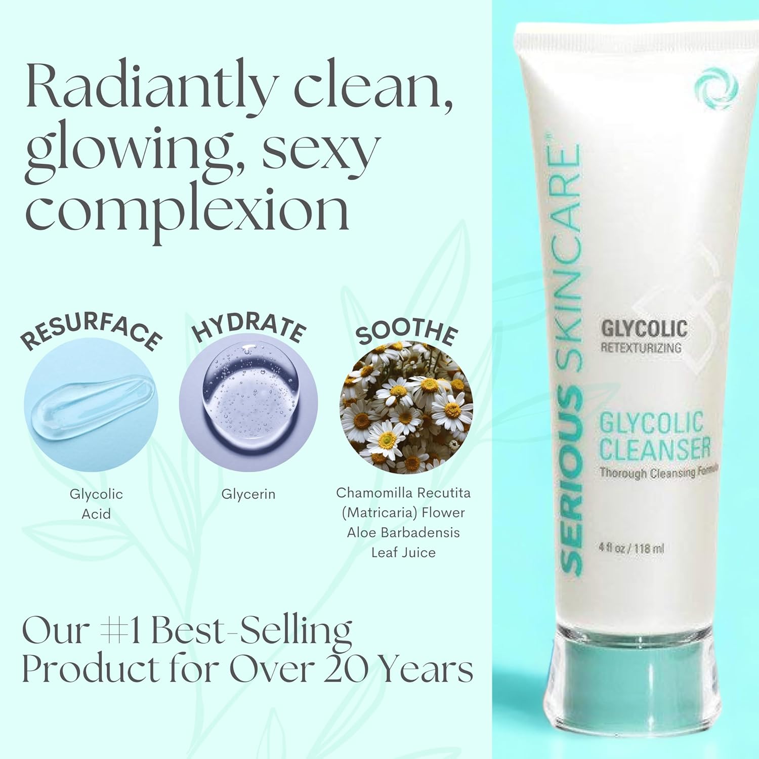 Serious Skincare Glycolic Cleanser - Daily Non-Drying Exfoliating Face Wash - 10% Glycolic Acid - Deep Pore Purifying - Removes Blackheads, Makeup & Impurities 4 Fl. Oz.-FemmiqueWomen