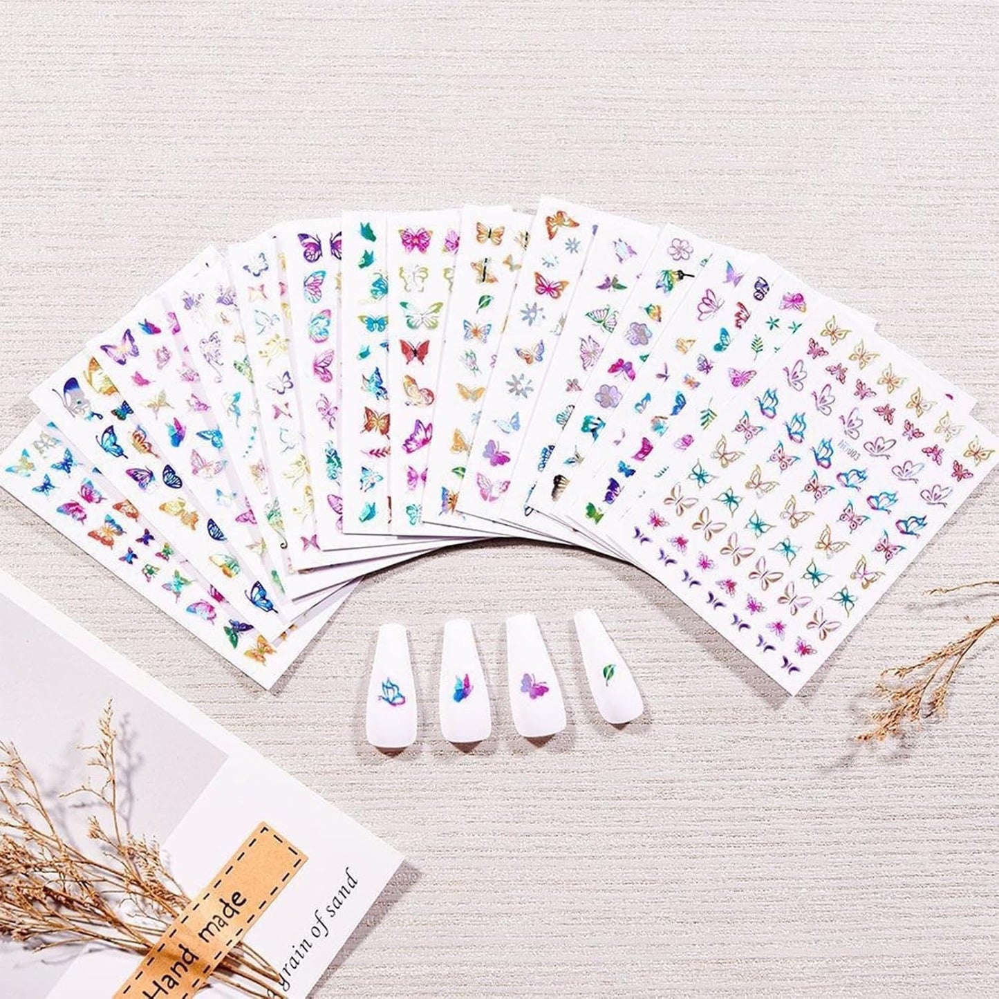 16 Sheets Butterfly Nail Art Stickers 3D Colorful Butterfly Self-Adhesive Design Nail Decals Pegatinas Uñas Holographic Laser Butterfly Nail Supplies for Women Acrylic Nail Art Decoration Accessories-FemmiqueWomen