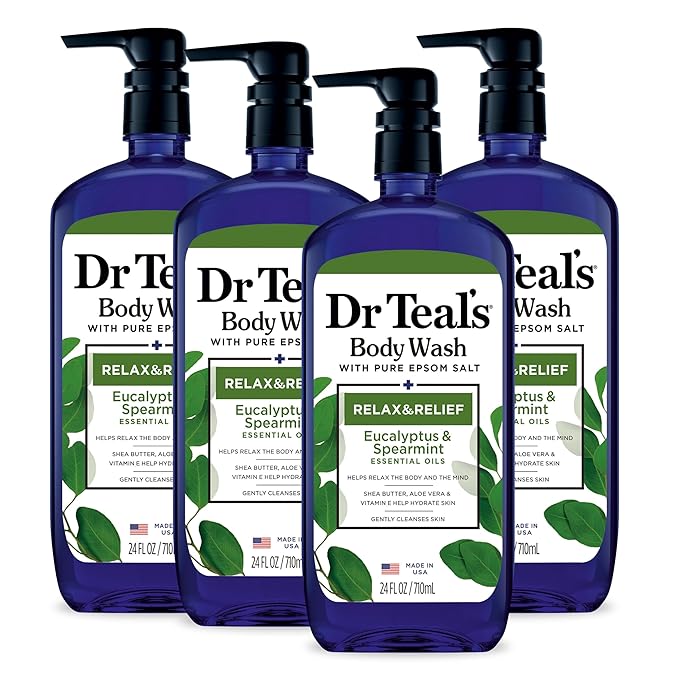 Dr Teal's Body Wash with Pure Epsom Salt, Relax & Relief with Eucalyptus & Spearmint, 24 fl oz (Pack of 4) (Packaging May Vary)-FemmiqueWomen