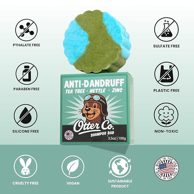 Otter co. Anti Dandruff Tea Tree Shampoo Bar – Nettle, Zinc, Green Tea, Apple Cider Vinegar, Anti Fungal Shampoo – Vegan, Natural, Cruelty & Sulfate Free – All Hair Types & Dry Scalp, USA Made-FemmiqueWomen
