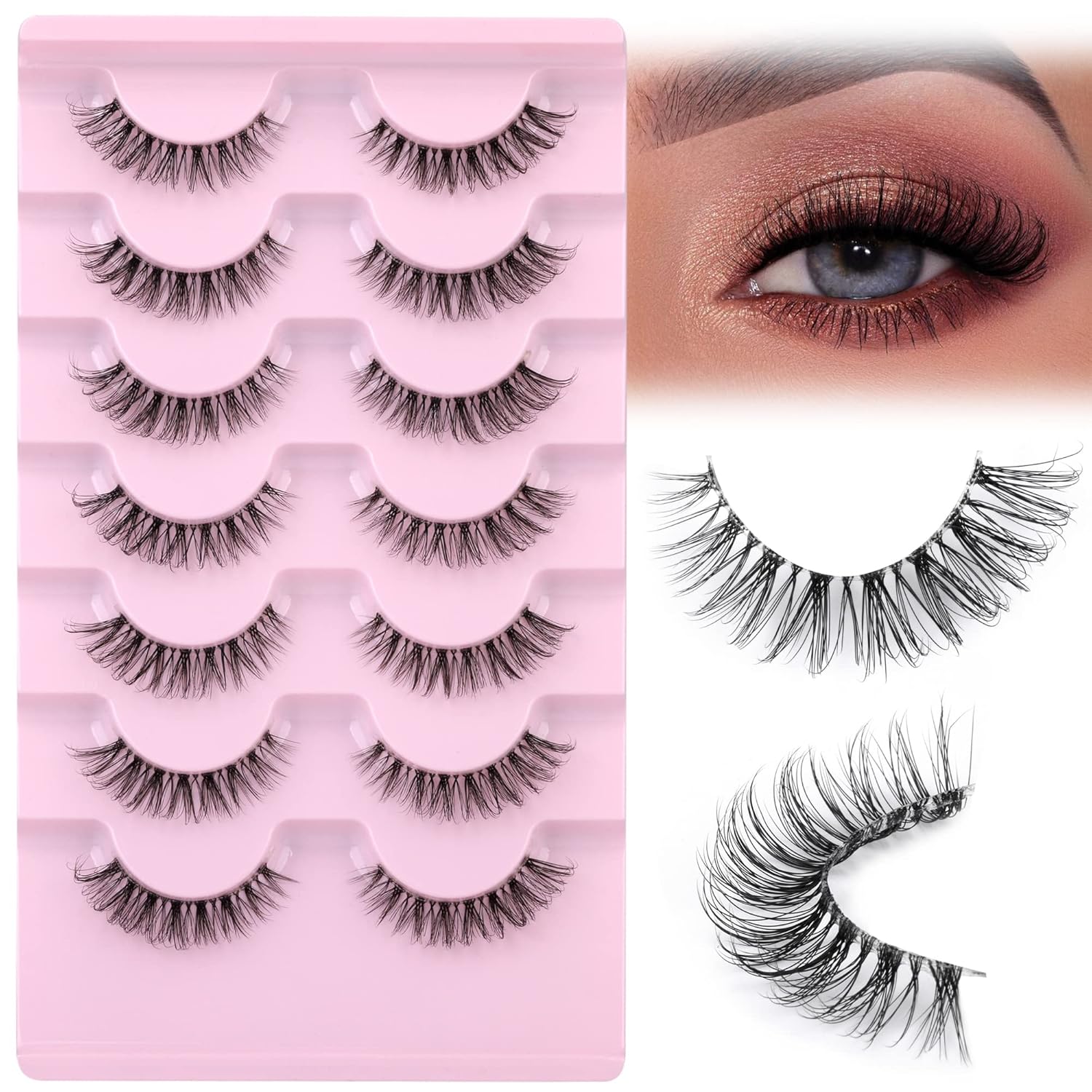 JIMIRE Lashes Natural Look Clear Band Demi-Wispies Short False Eyelashes Fluffy 3D Cat Eye 13MM Strip Lashes 7 Pairs Pack-FemmiqueWomen