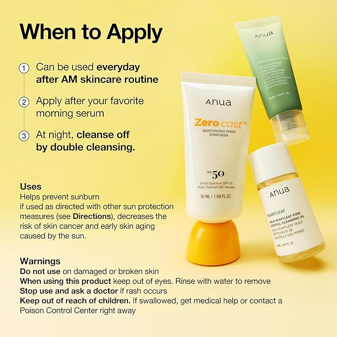 Anua Zero-Cast Moisturizing Finish Sunscreen,SPF 50, Glow Natural Sunscreen,No White cast, Hyaluronic Acid, Niacinamide sun block for face,Oil-Free, Oxybenzone free, Travel Essential (50ml/1.69fl.oz)-FemmiqueWomen