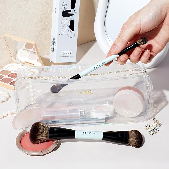 Jessup Makeup Brushes 2pcs Double Sided Foundation Brush Contour Brush Dual Ended Eye Blending Brush, Multi-functional Cosmetic Brush Bright Cyan T502-FemmiqueWomen