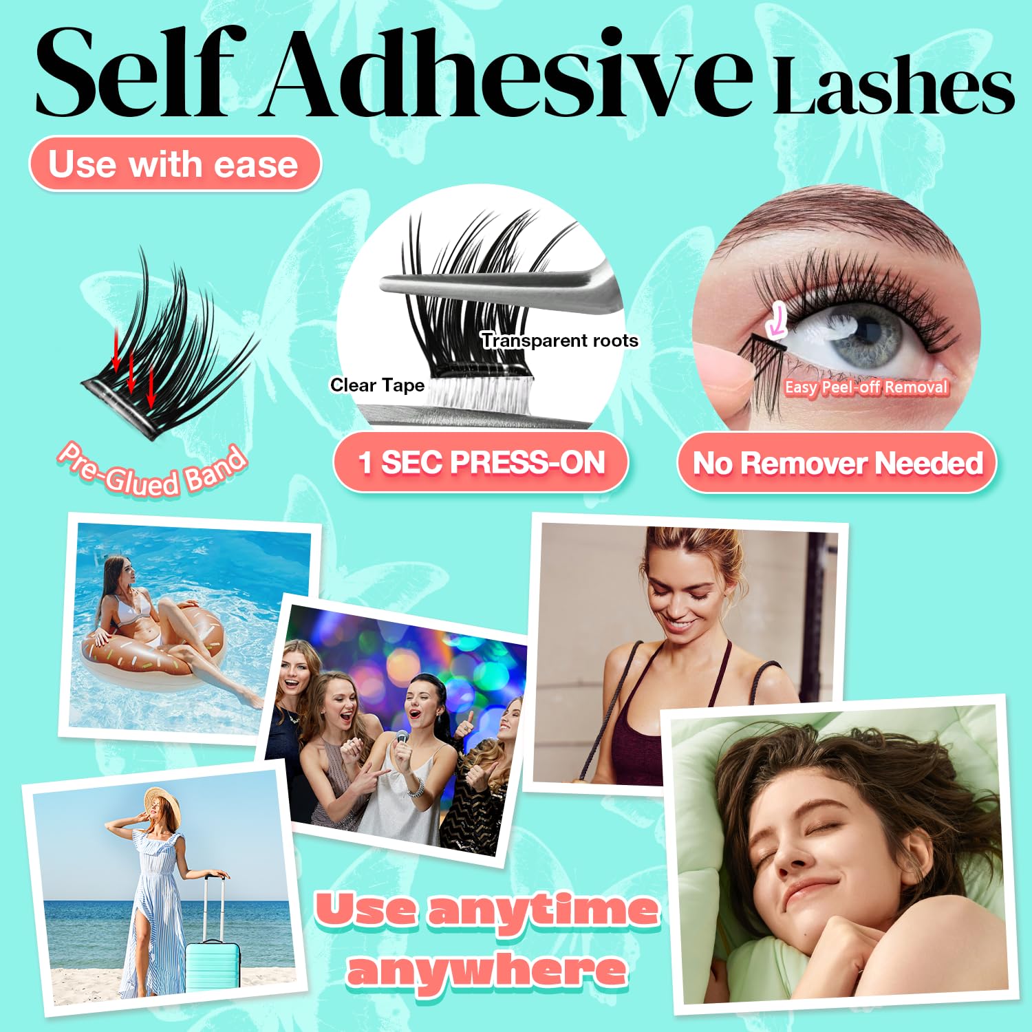 No Glue Needed Lashes, Self Adhesive Eyelashes, DIY Lash Cluster Eyelash Extensions Kit 10‑18mm,100pcs Fluffy D Curl Soft Natural Lashes with Tweezers–Fake Cat Eye Wispy Individual Clusters(NGDY31)-FemmiqueWomen