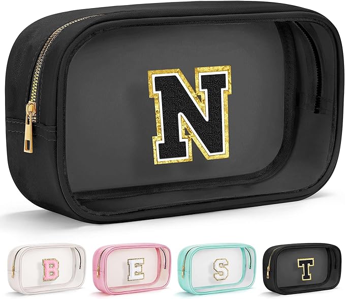 YOOLIFE Initial Travel Makeup Bag Pouch, Clear Toiletry Bag for Women Travel Accessories Cosmetic Bag Skin Care for Teen Make Up Bags Birthday Gifts for Women Unique Teacher Mom Friends Gifts Black N-FemmiqueWomen