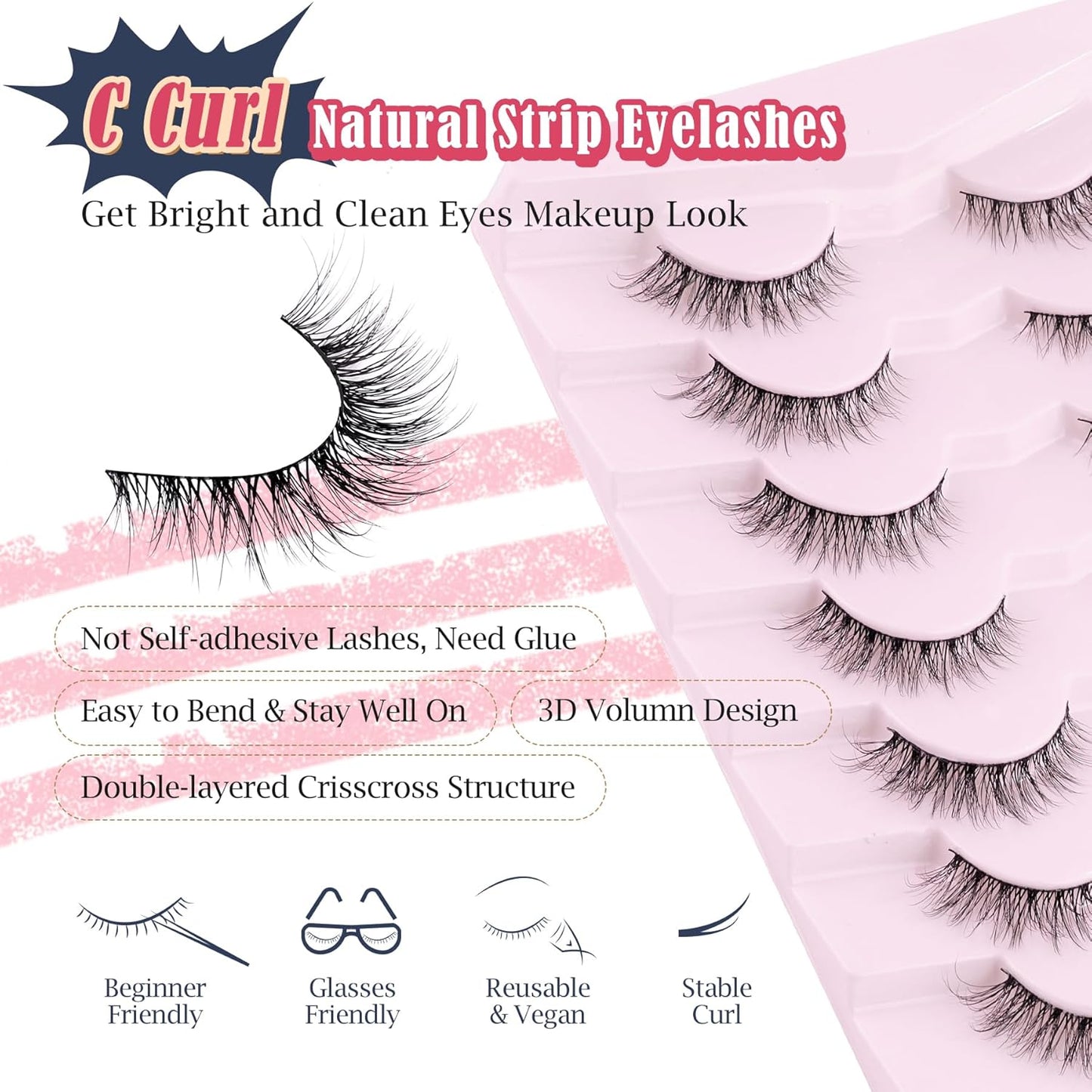 Natural Lashes Wispy Cat Eye Lashes 12mm False Eyelashes Natural Look Strip Lashes Thin Cotton Band Soft Eyelashes 3D Volume Lashes Pack C Curl Siligli Eyelashes 7 Pair-FemmiqueWomen