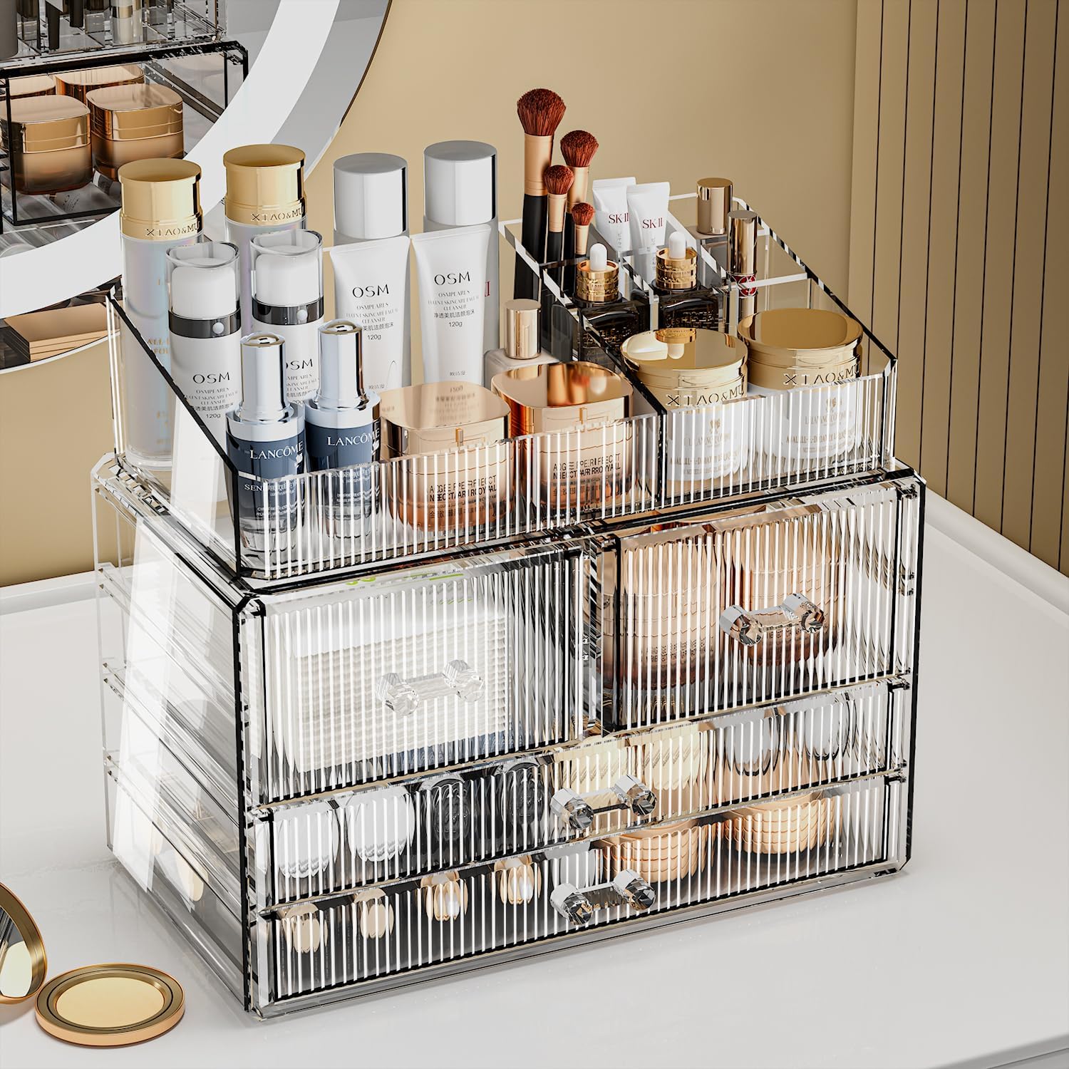 ZHIAI Stackable Storage Drawers, Acrylic Bathroom Counter Organizer Clear Makeup Organizers for Vanity, Kitchen Cabinets, Bathroom, Undersink, Home Organization and Storage (1 Top 4 Drawers D)-FemmiqueWomen