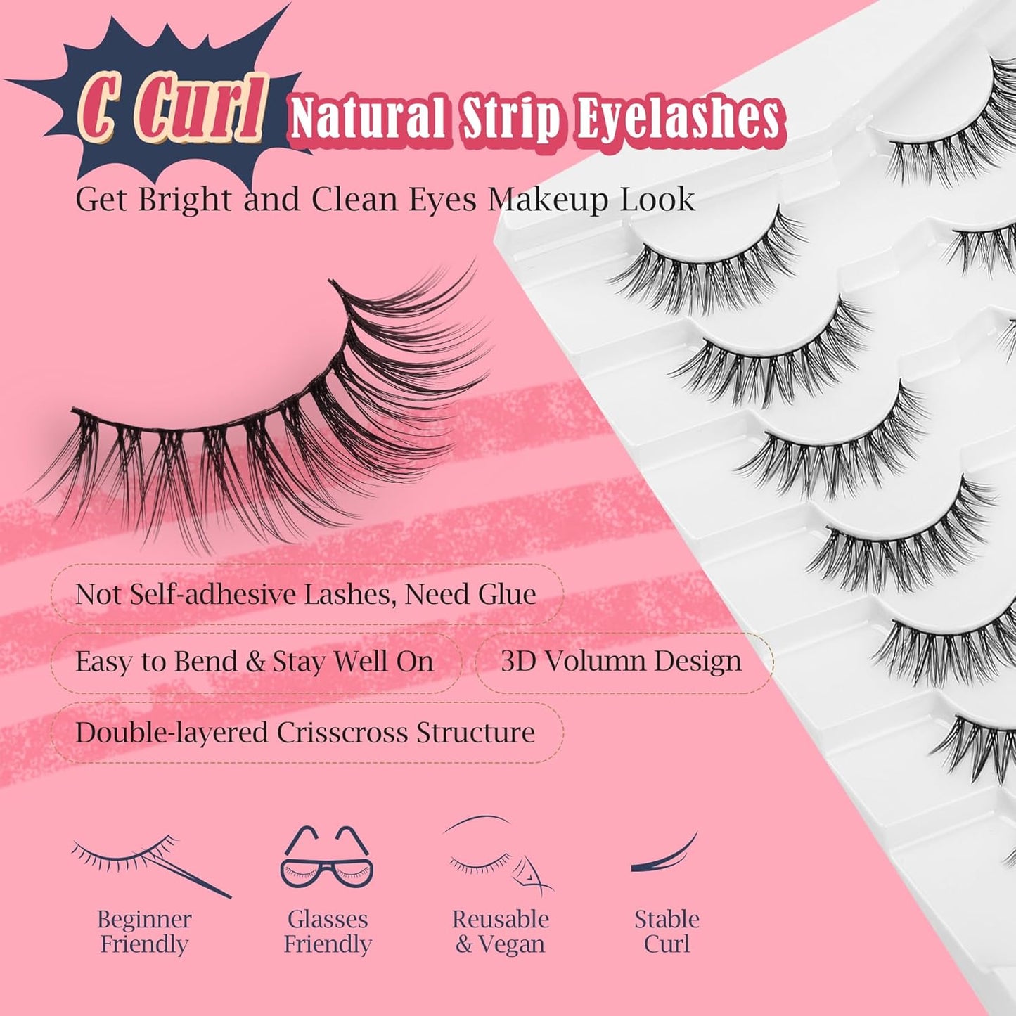 Eyelashes Natural Cat Eye Lashes False Eyelashes Wispy Lashes Flared Lashes Pack C Curl Eyelash Soft False Lashes 12mm Short Lashes Siligli 7 Pair-FemmiqueWomen