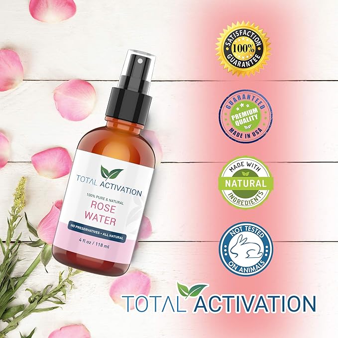 Large 4 oz 100% Pure, Organic Moroccan Rose Water Spray Face Toner, Skin Body Hair Spray, Eye Makeup Remover Alcohol Free Toner Minimizes Scar Hydrating Soothing Mist for Dry Oily Combination Skin-FemmiqueWomen