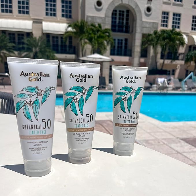 Australian Gold Botanical SPF 50 Tinted Mineral Sunscreen for Face, Non-Chemical BB Cream, Water-Resistant, Matte Finish, For Sensitive Facial Skin, Medium to Tan Skin Tones, 3 FL Oz-FemmiqueWomen