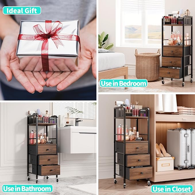 HapiRm Rolling Makeup Cart Organizer - Floor Skincare Make Up Storage with 3 Drawers, Vanity Organizer Cosmetic Display Cases Holder for Skin Care Perfume Nail Polish Brush Hair Tool-FemmiqueWomen