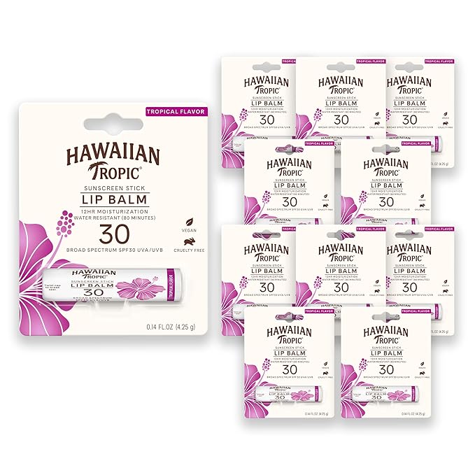 Hawaiian Tropic Tropical Lip Balm SPF 30, 0.14oz | Lip Sunscreen, Lip SPF 30, Lip Sunblock, Oxybenzone Free Sunscreen, Travel Size Sunscreen, Mini Sunscreen, 0.14oz (Pack of 10)-FemmiqueWomen