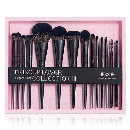 Jessup Makeup Brushes Set Jessup Make up Brushes 14Pcs Black Kabuki Foundation Eyeshadow Contour Concealer Powder Eyeliner Crease Eyebrow Blending Brush with Gift Box, T336-G-FemmiqueWomen