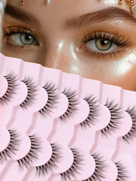 Natural Lashes Cateye False Eyelashes Wispy 12mm Cat Eyelashes Short Lash Pack for Small Eyes Eyelash with 0.1MM Thin Cotton Band 3D Volume Fake Eyelashes Siligli Soft Strip Lashes 7 Pairs-FemmiqueWomen