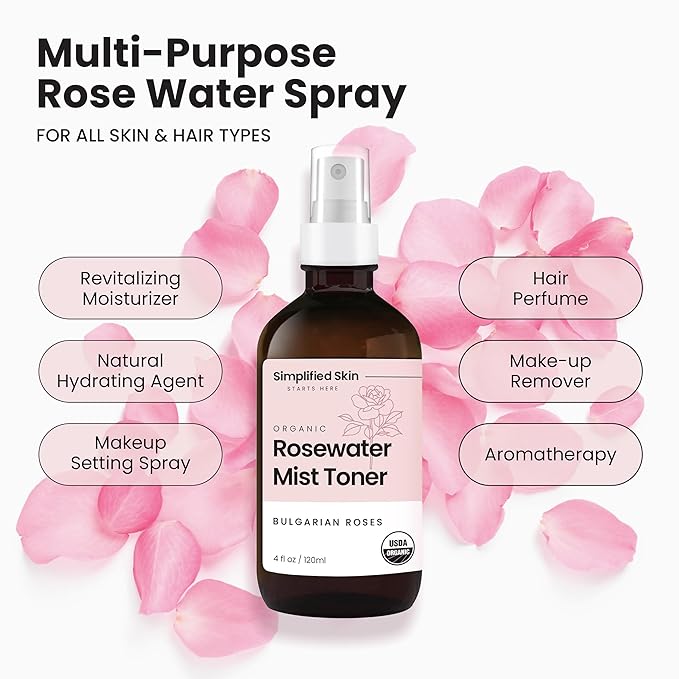 Simplified Skin Rose Water Spray for Face – Natural Organic Facial Toner – Hydrating Face & Hair Mist & Makeup Remover – Alcohol-Free 4 Fl Oz 3-Pack-FemmiqueWomen