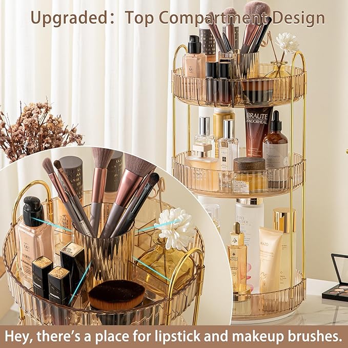 Rotating Makeup Organizer for Vanity, High-Capacity Skincare Clear Make Up Storage Perfume Organizers Cosmetic Dresser Organizer Countertop 360 Spinning (Gold, New-3 Tier)-FemmiqueWomen
