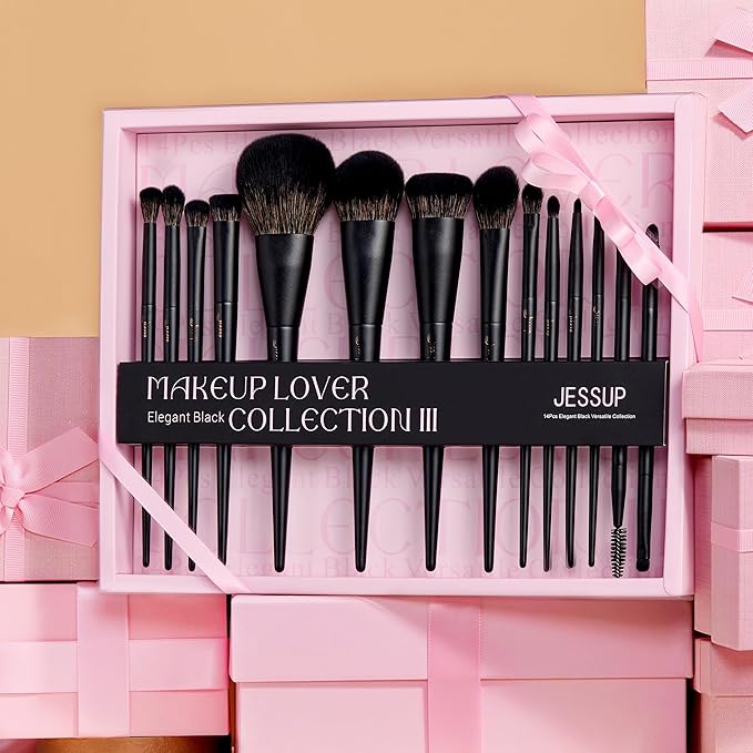 Jessup Makeup Brushes Set Jessup Make up Brushes 14Pcs Black Kabuki Foundation Eyeshadow Contour Concealer Powder Eyeliner Crease Eyebrow Blending Brush with Gift Box, T336-G-FemmiqueWomen