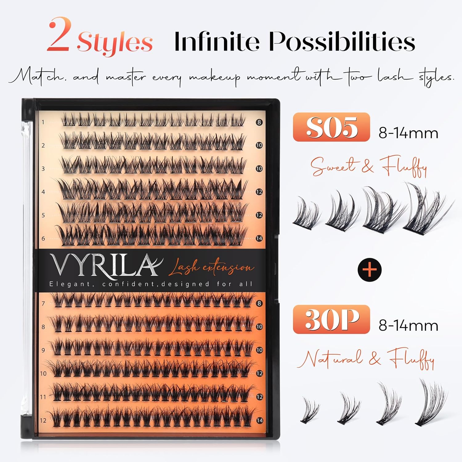 Lash Clusters Kit-VYRILA 0.07mm Wispy 8-14mix C Curl Eyelash Clusters with Lash Bond and Seal Waterproof, Eyelash Tweezers (30P+S05 KIT 192pcs-8-14mix)-FemmiqueWomen
