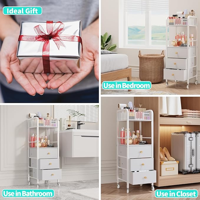 HapiRm Rolling Makeup Cart Organizer - Floor Skincare Make Up Storage with 3 Drawers, Vanity Organizer Cosmetic Display Cases Holder for Skin Care Perfume Nail Polish Brush Hair Tool, White-FemmiqueWomen