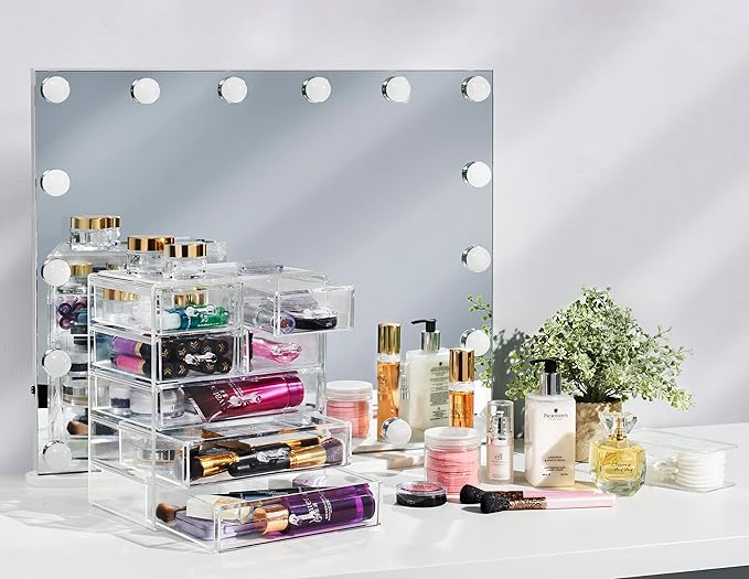 Sorbus Acrylic Makeup Organizer - Organization and Storage Case for Cosmetics Make Up & Jewelry - Big Clear Makeup Organizer for Vanity, Bathroom, College Dorm, Closet, Desk (3 Large, 4 Small Drawers)-FemmiqueWomen