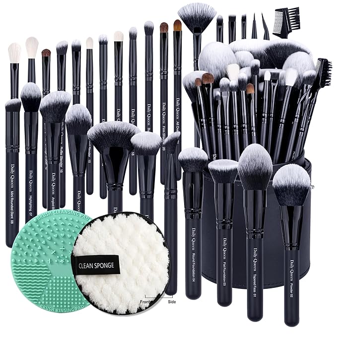 29pcs Black Professional Makeup Brush Set Kabuki Powder Concealers Eye shadows Blush Eyeliner Eyebrow Contour Eye blending Brushes (29pcs brush +barrel+brush cleaner+face cleaner)-FemmiqueWomen