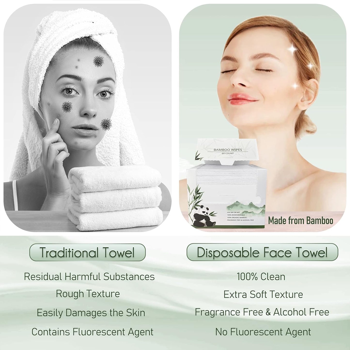 Bamboo Viscose Disposable Face Towel Biodegradable Large Dry Face Wipes 60 Count Extra Thick Soft Clean Facial Towels for Sensitive Skin, Makeup Removing, Facial Cleansing, Nursing, Travel-FemmiqueWomen