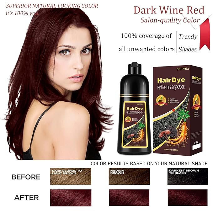 Dark Wine Red Hair Dye Shampoo, 100% Gray Hair Coverage for Men & Women, Instant and Long-lasting Hair Color Shampoo in Minutes, 3 in 1 Pure Plant Extract Natural Hair Dye Kit for All Hair Types-FemmiqueWomen