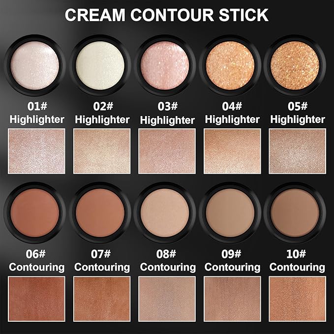 2Pcs Cream Contour Stick Makeup Kit, Cream Highlighter Stick and Bronzer Contour Stick with Longwear Waterproof Formula for Brightening and Trimming the Cheeks, Makeup Brush Include (#01, 06)-FemmiqueWomen