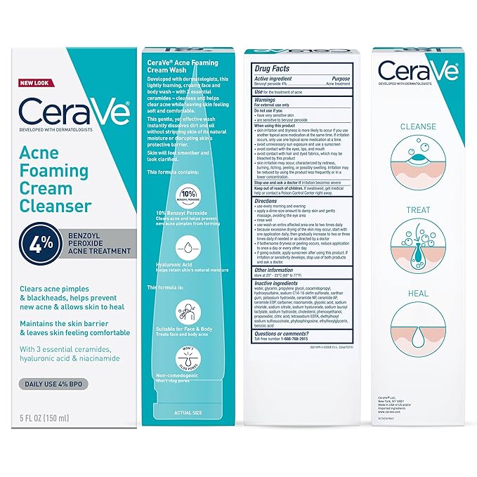 CeraVe Acne Foaming Cream Cleanser, 4% Benzoyl Peroxide Face Wash With Hyaluronic Acid, Niacinamide & Ceramides, Gentle Daily Acne Treatment For Face-FemmiqueWomen