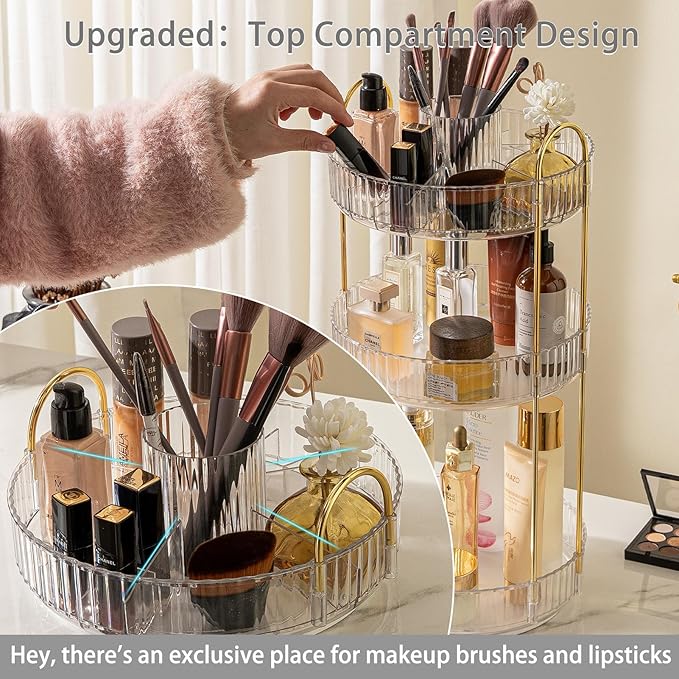 Rotating Makeup Organizer for Vanity, High-Capacity Skincare Clear Make Up Storage Perfume Organizers Cosmetic Dresser Organizer Countertop 360 Spinning (Clear, New-3 Tier)-FemmiqueWomen
