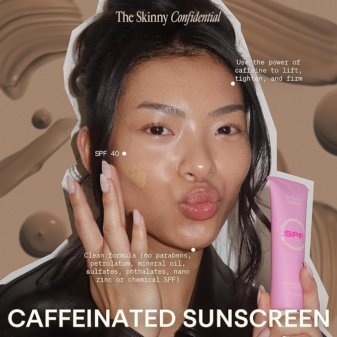 The Skinny Confidential Caffeinated Mineral Sunscreen, SPF 40 - Fragrance-Free Face Sunscreen with No White Cast - Non-Greasy & Lightweight Sun Screen Lotion Reduce Wrinkles, Redness & Puffiness-FemmiqueWomen