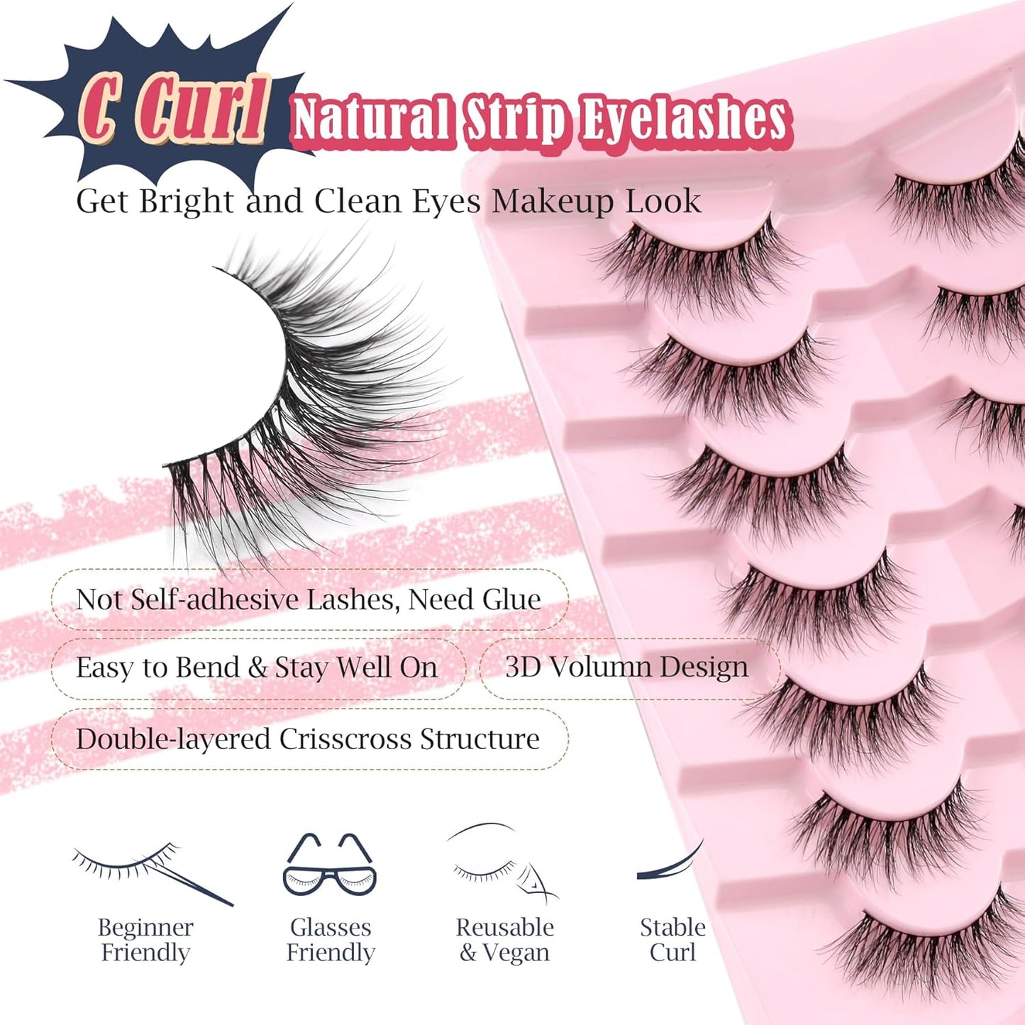 Natural Cat Eye Lashes Wispy Eyelashes 14mm Lightweight False Eyelashes 3D Volume Natural Strip Lashes 0.1mm Thin Cotton Band Lashes Pack C Curl Soft Lashes 7 Pairs Siligli-FemmiqueWomen