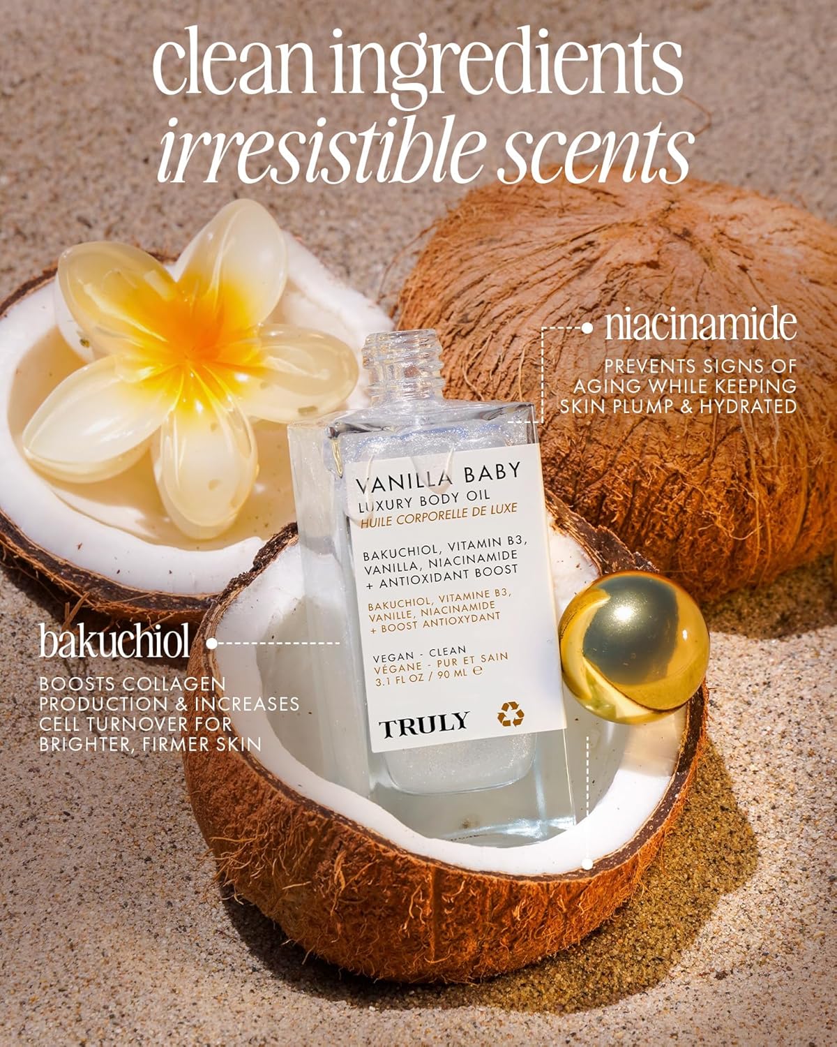 Truly Beauty Vanilla Baby Luxury Body Oil | Plumping Body Shimmer Oil for Hydration & Firmness | With Bakuchiol & Niacinamide for Collagen Boost | Vanilla, Pear & Caramel Scent | Radiant Glow-FemmiqueWomen